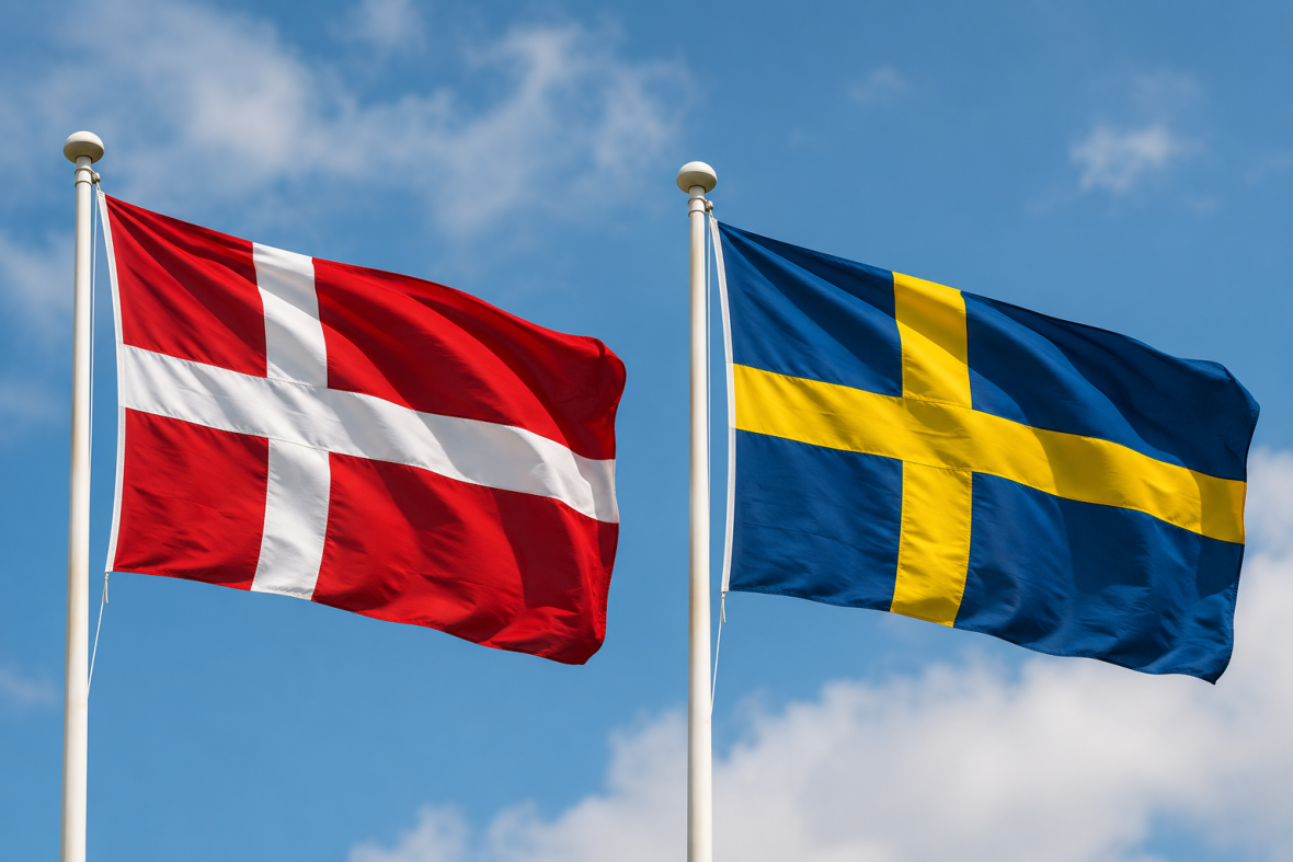En dansk och en svensk flagga på flaggstång mot en blå himmel