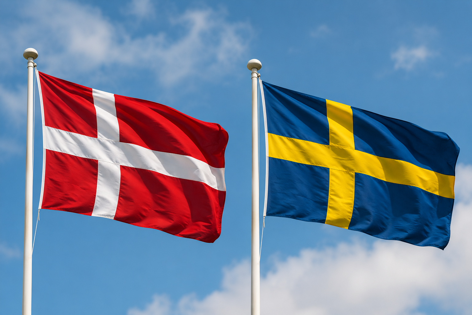 En dansk och en svensk flagga på flaggstång mot en blå himmel